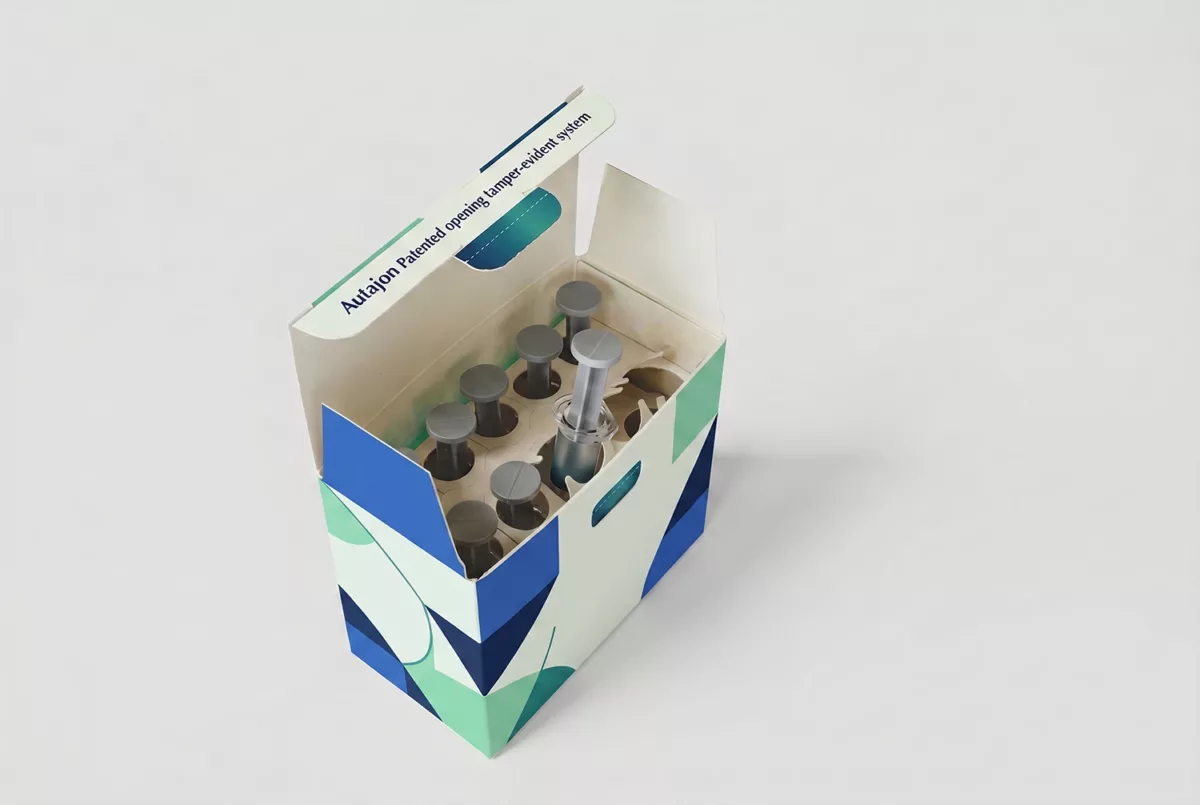Discover Autajon's patented 100% cardboard tamper-evident packaging for prefilled syringes. Dual opening evidence protects both the carton and each individual syringe.